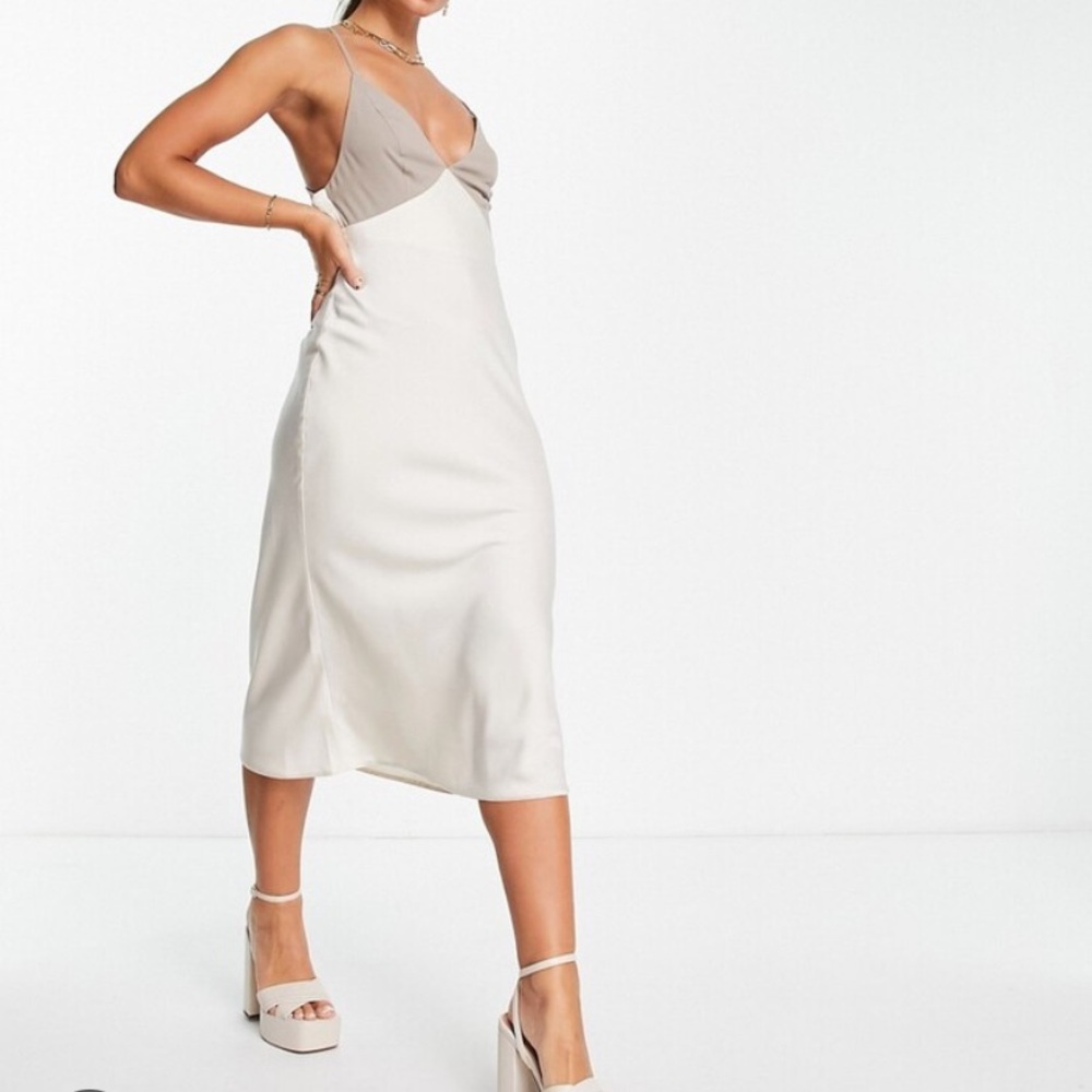 ASOS Design Cream Midi Dress with Lace Up/Open Back